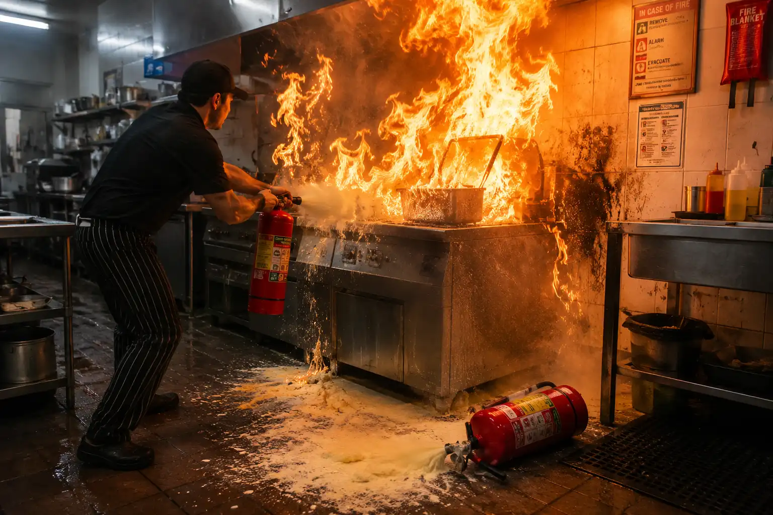 Chef using fire extinguisher to control commercial kitchen fire emergency. (77 characters)