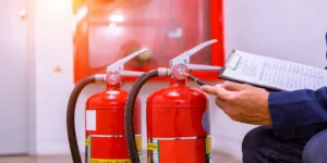 Technician inspecting fire extinguishers with checklist during safety maintenance.