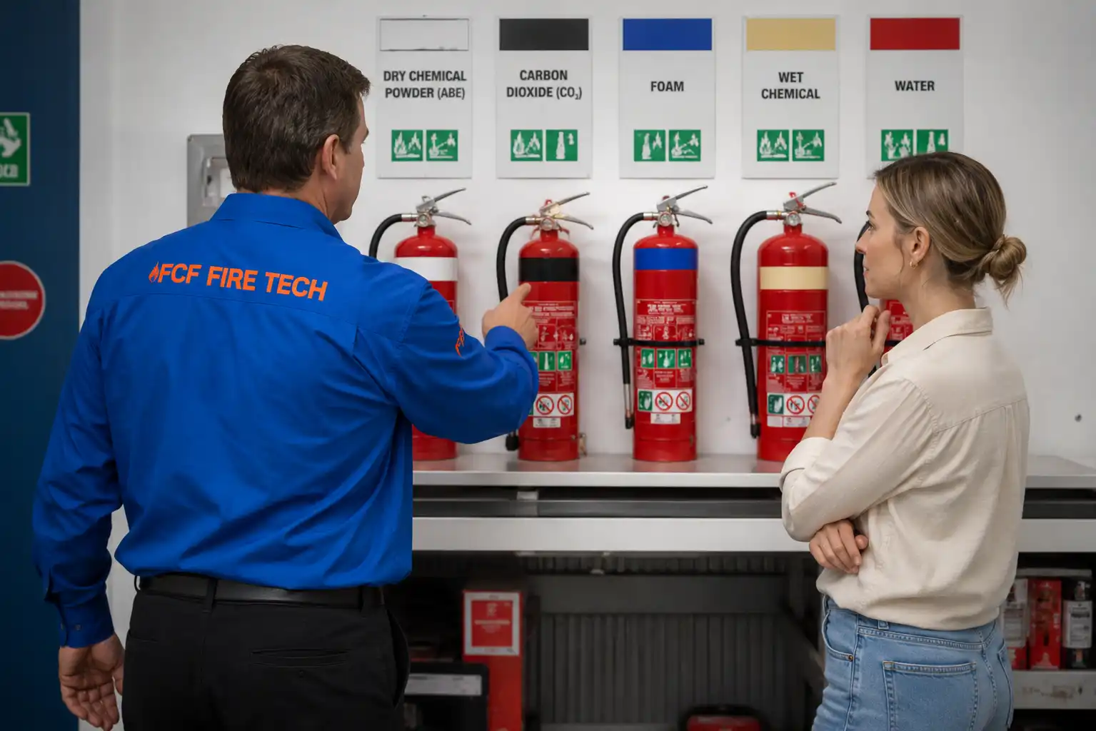 Fire technician explaining extinguisher types and safety applications.