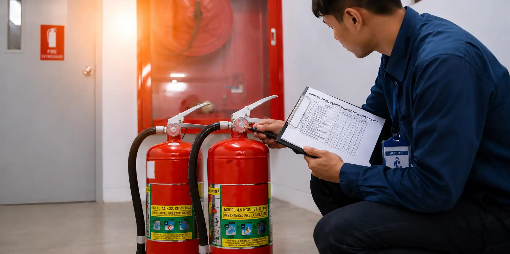Auditor inspecting fire extinguishers using checklist during routine safety check.